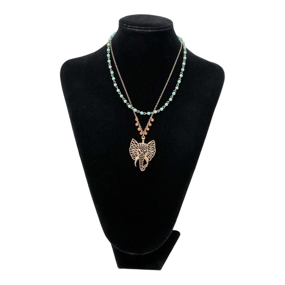 David Aubrey Beaded Necklace Gold Tone Elephant Pendant.